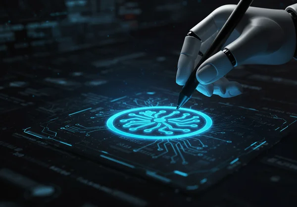 AI robot arm designing a modern tech logo on a screen.