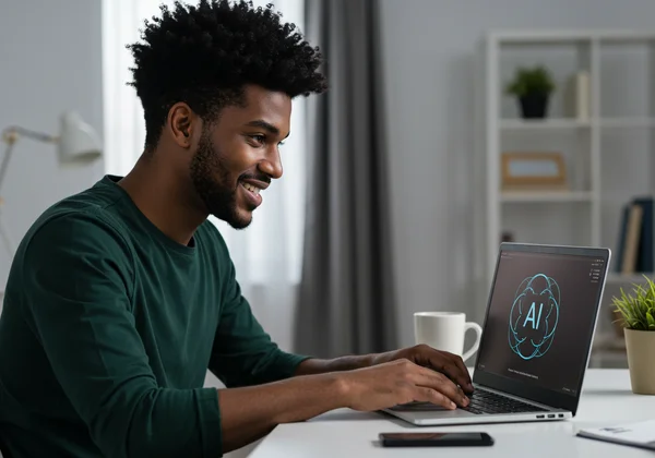 Creator viewing AI-generated logo for personal brand on screen