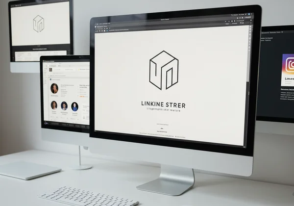 A screen showing a consistent logo across various digital platforms.