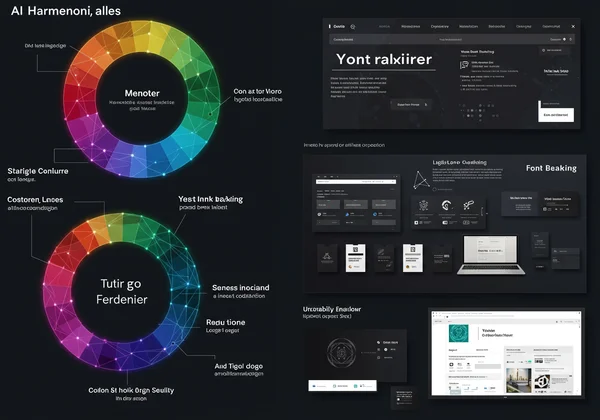 AI tool harmonizing logo colors, fonts, showing versatile outputs