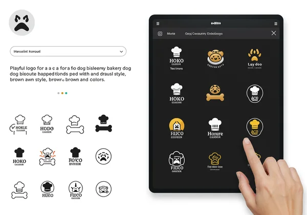 AI logo design interface showing prompt input and results.