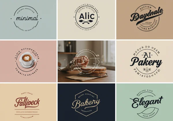 Grid of diverse AI-generated logo styles for businesses.