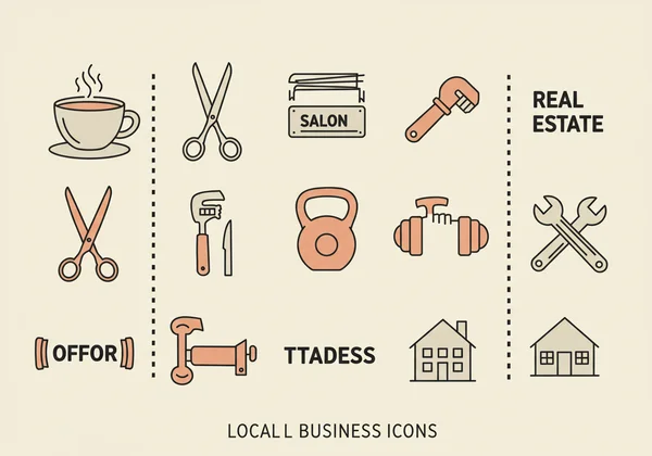 Montage of icons for local businesses like food, salon, gym.