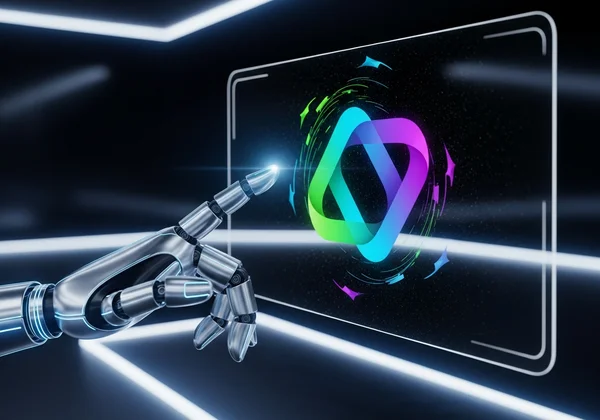 AI robot arm designing a modern logo on a digital screen.